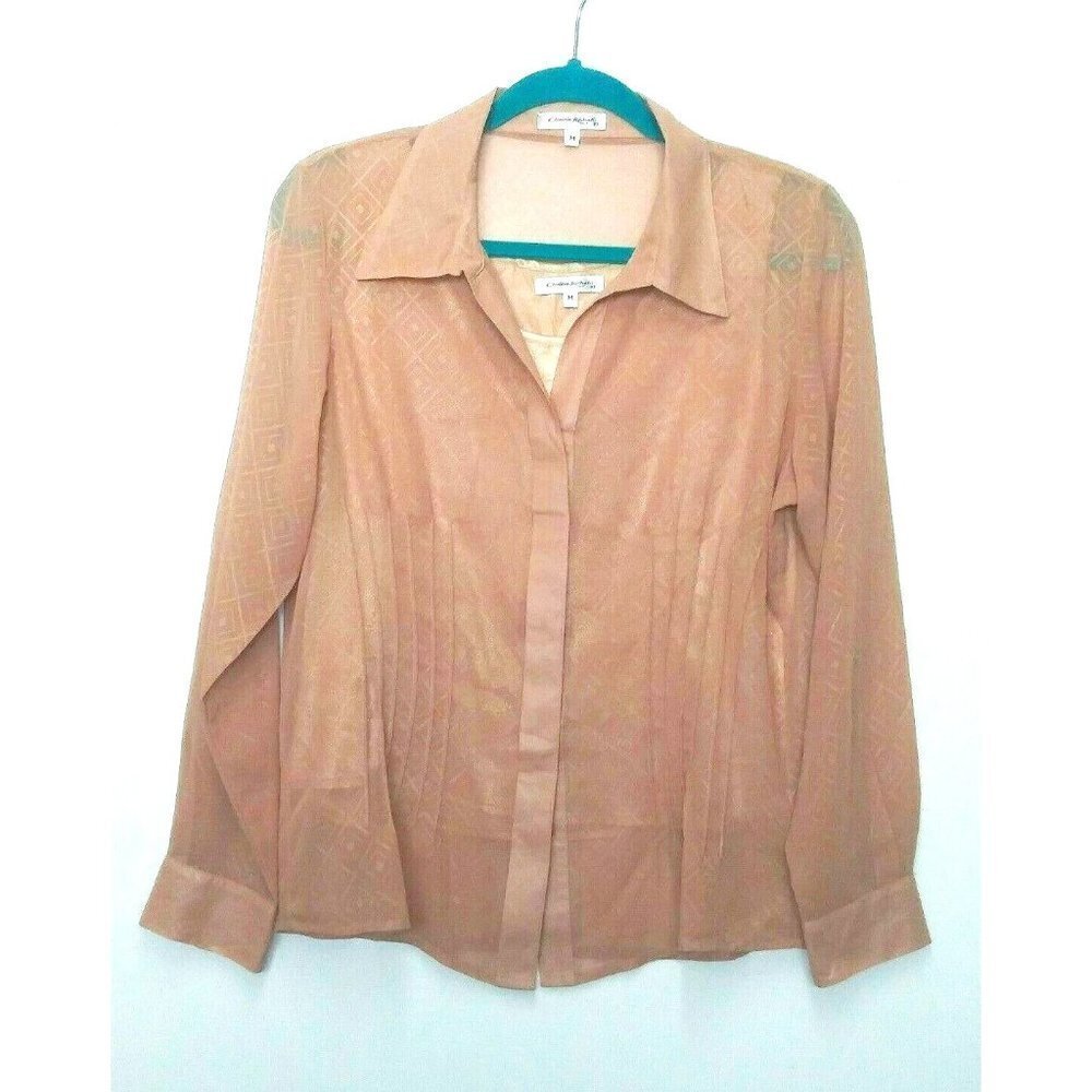 VTG 80's Secretary blouse tan career long sleeve Collared top w/tank 2 pc Sz M